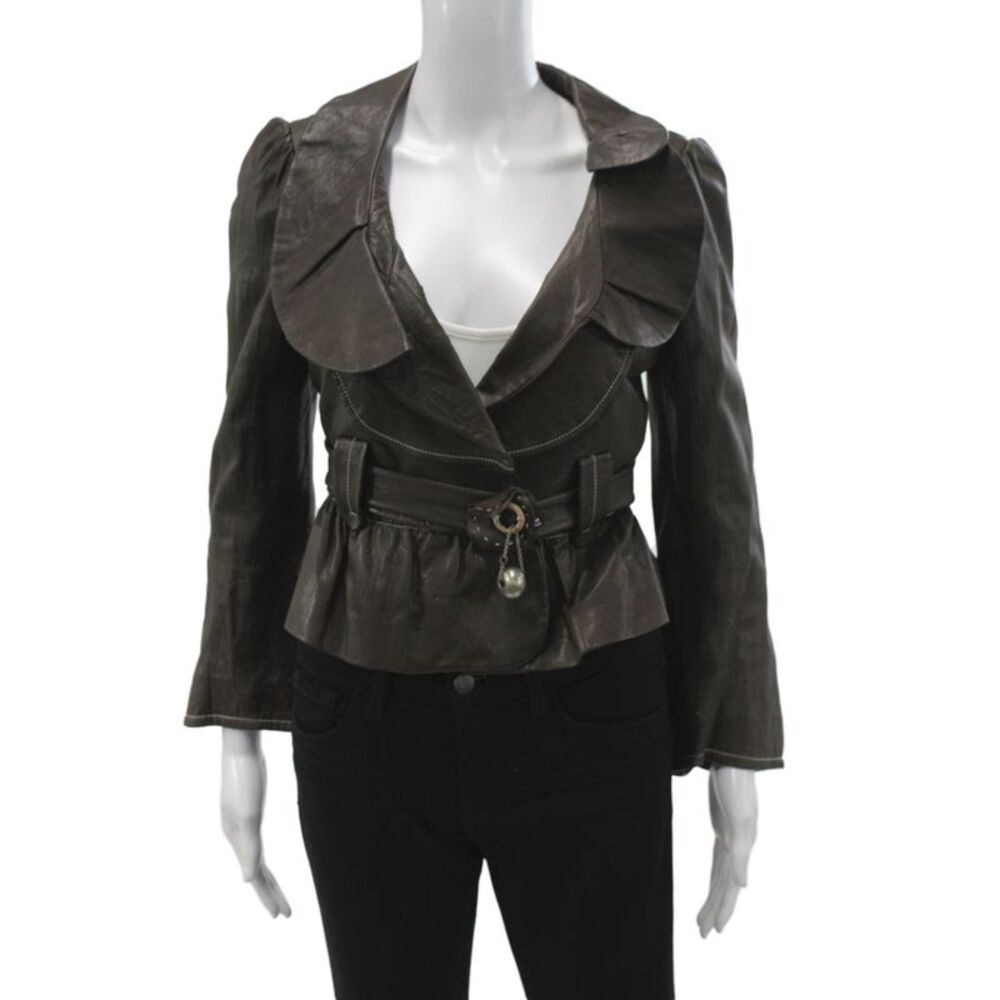 Hanii Y Womens Designer Goat Leather Basic Jacket Brown Long Sleeve Size 44